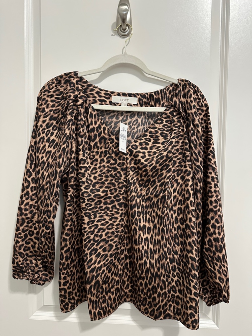 LOFT Leopard-Print V-Neck Puff-Sleeve Blouse in Brown and Black